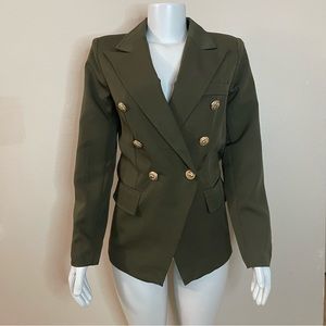 Olive green lapel collar women's blazer with metal buttons decor